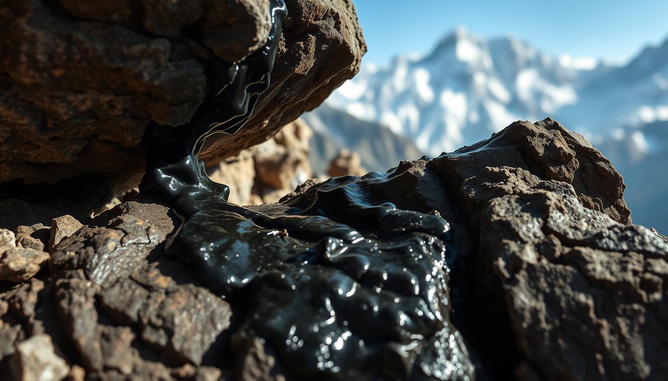 Raw Shilajit resin oozing from Himalayan rocks, showing its natural tar-like appearance and texture