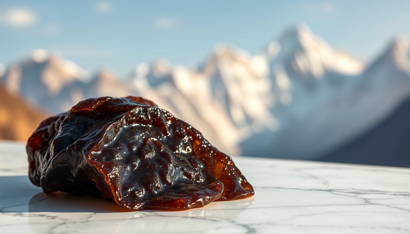 Raw Shilajit resin with Himalayan mountains in background - adrenal stress supplement Shilajit