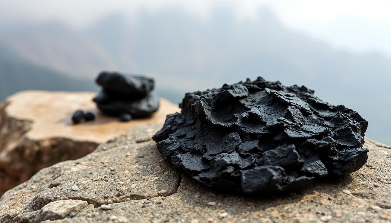 Raw Shilajit resin with Himalayan mountains in background to quit smoking