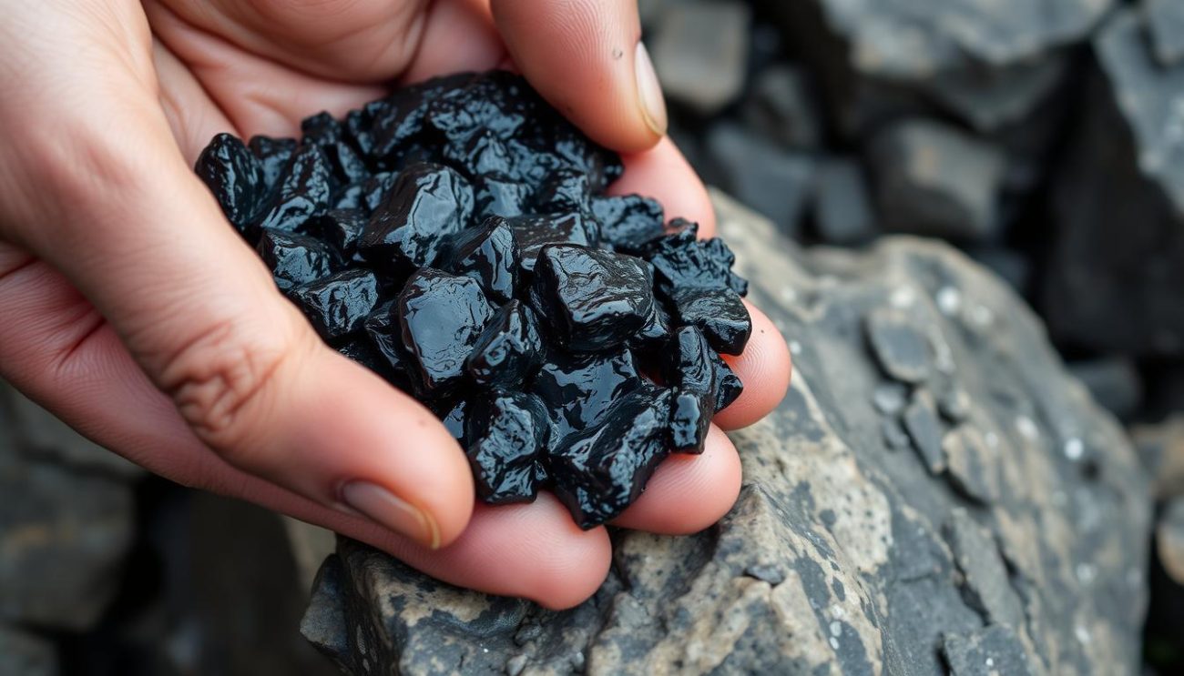 Raw shilajit resin being collected from Himalayan rocks, showing its natural dark appearance and sticky texture