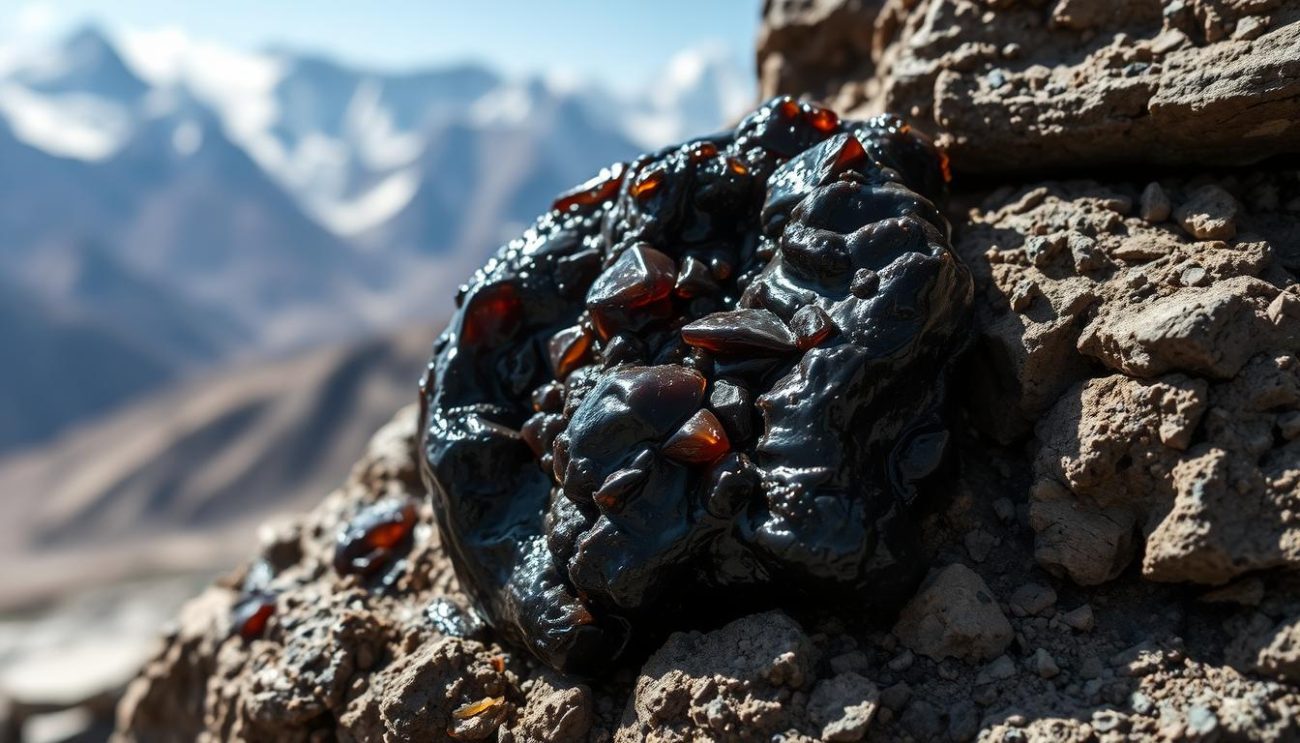 Raw shilajit resin being harvested from Himalayan mountain rocks