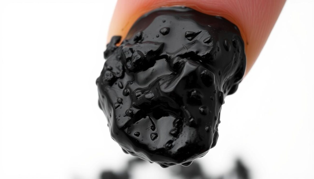 Raw shilajit resin being held between fingers, showing its dark, sticky texture - shilajit for headache relief without medication