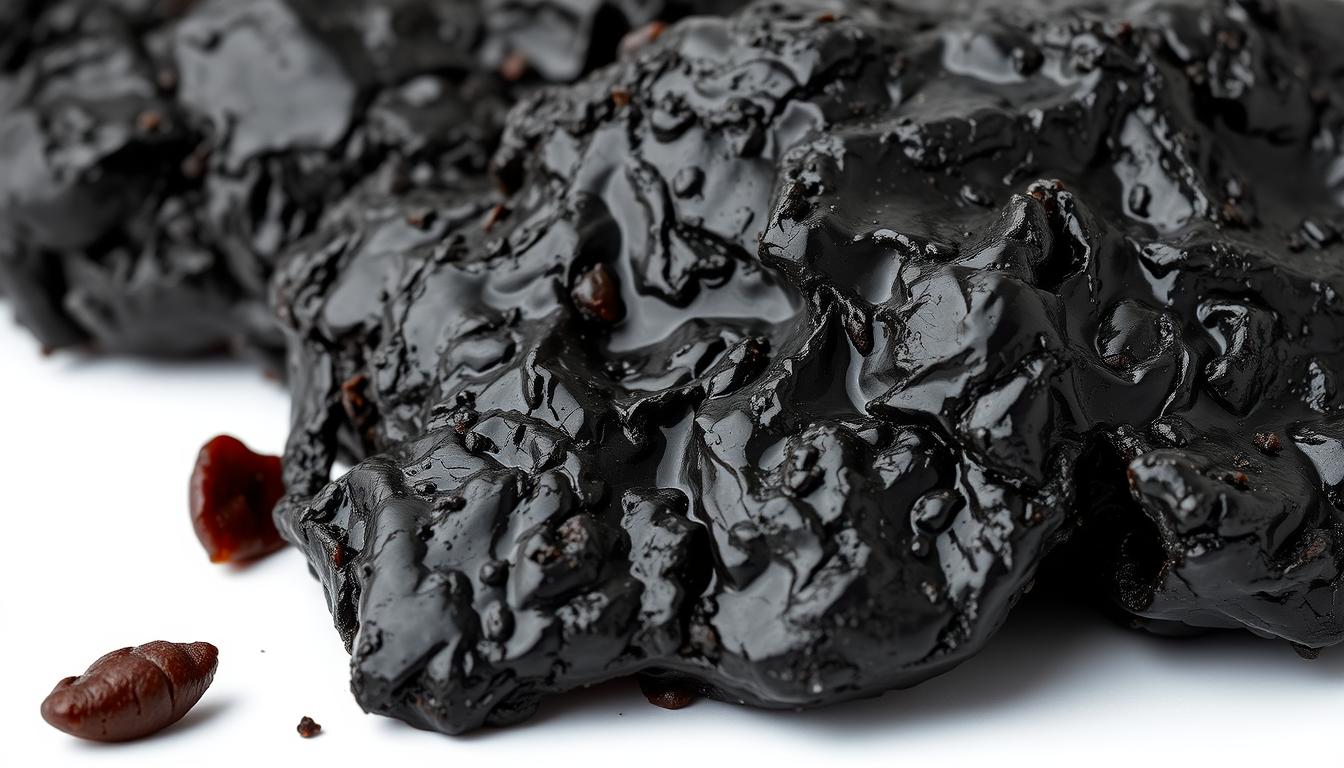 Raw shilajit resin from Himalayan mountains showing its dark, tar-like appearance