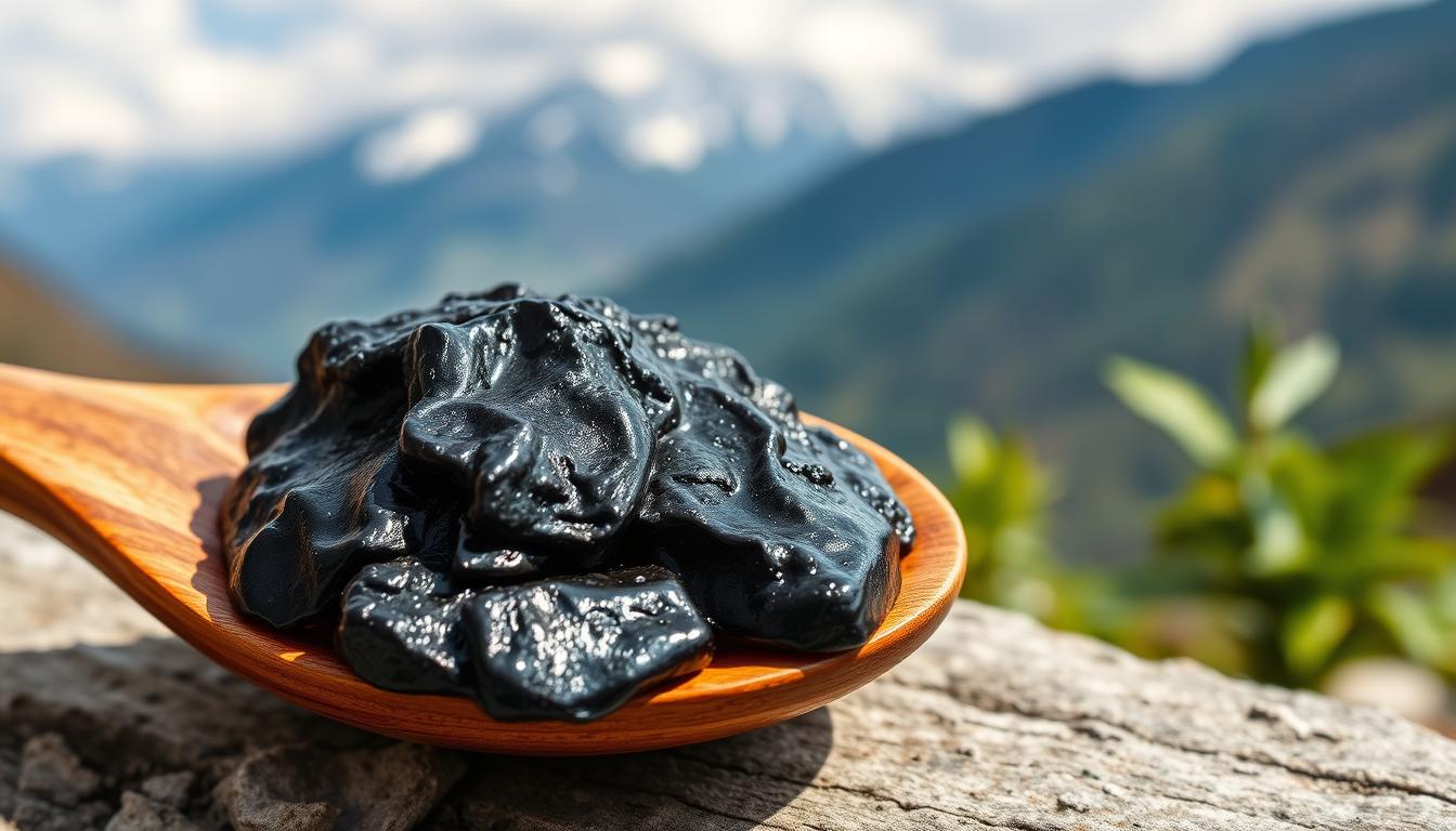 Raw shilajit resin on a wooden spoon with Himalayan mountains in background