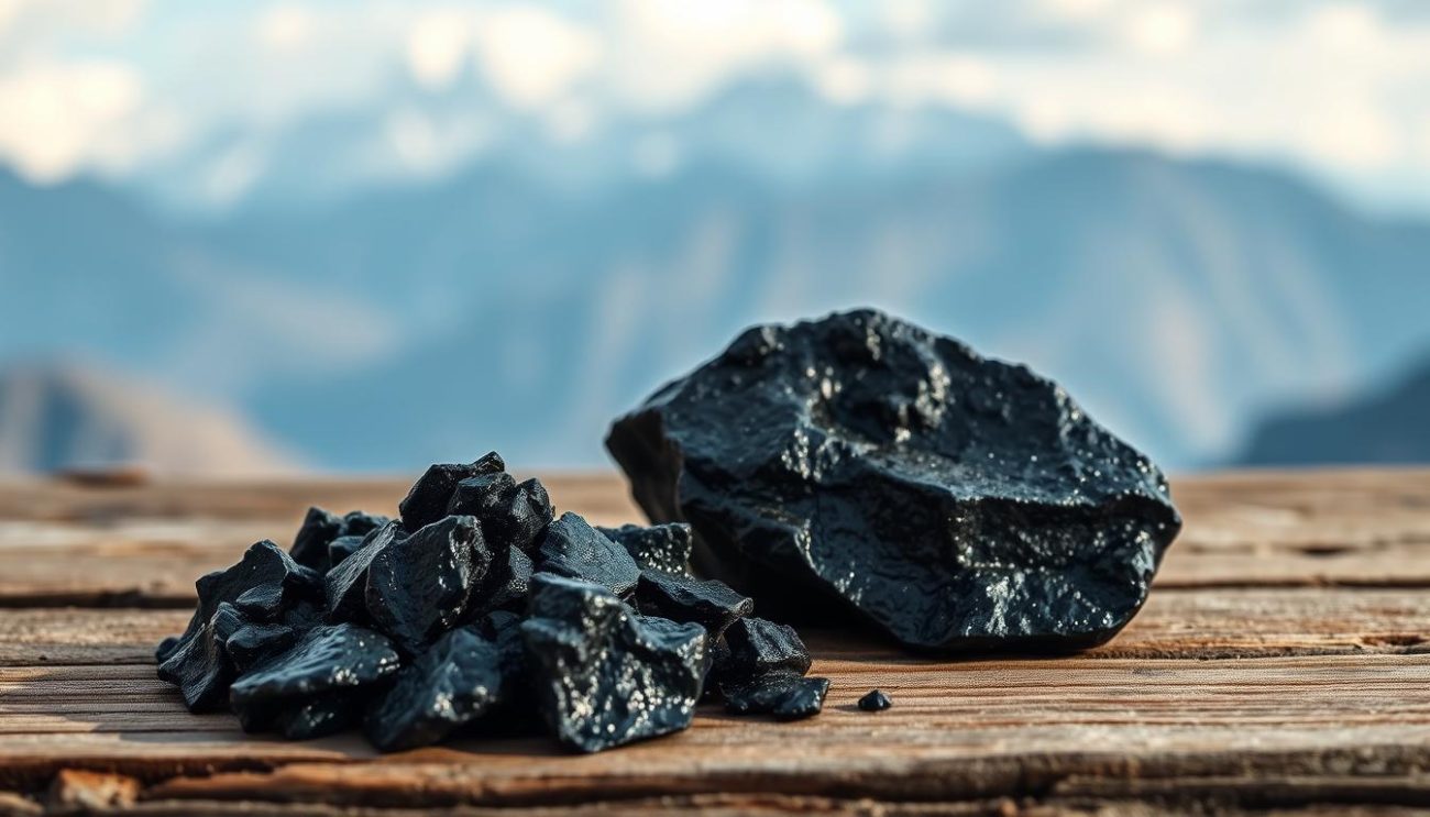 Raw shilajit resin on a wooden surface with Himalayan mountains in background
