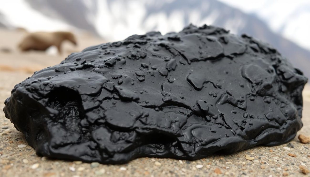 Raw shilajit resin showing its dark, tar-like appearance with shilajit for iron deficiency labeled