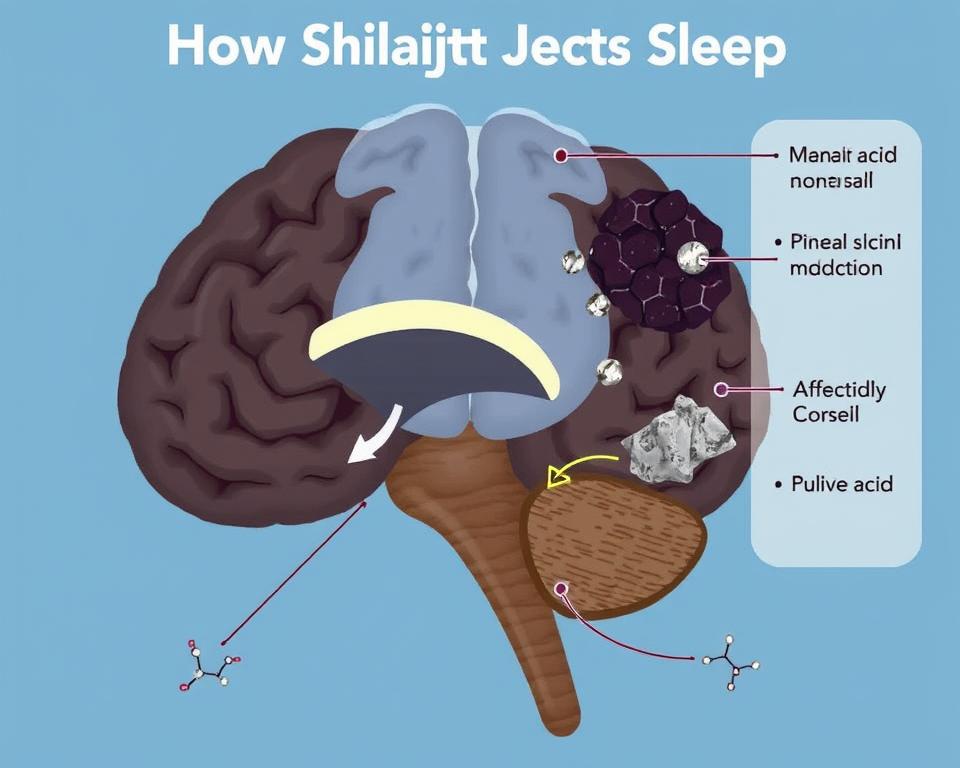 Scientific diagram showing how Shilajit for insomnia affects sleep hormones and brain function