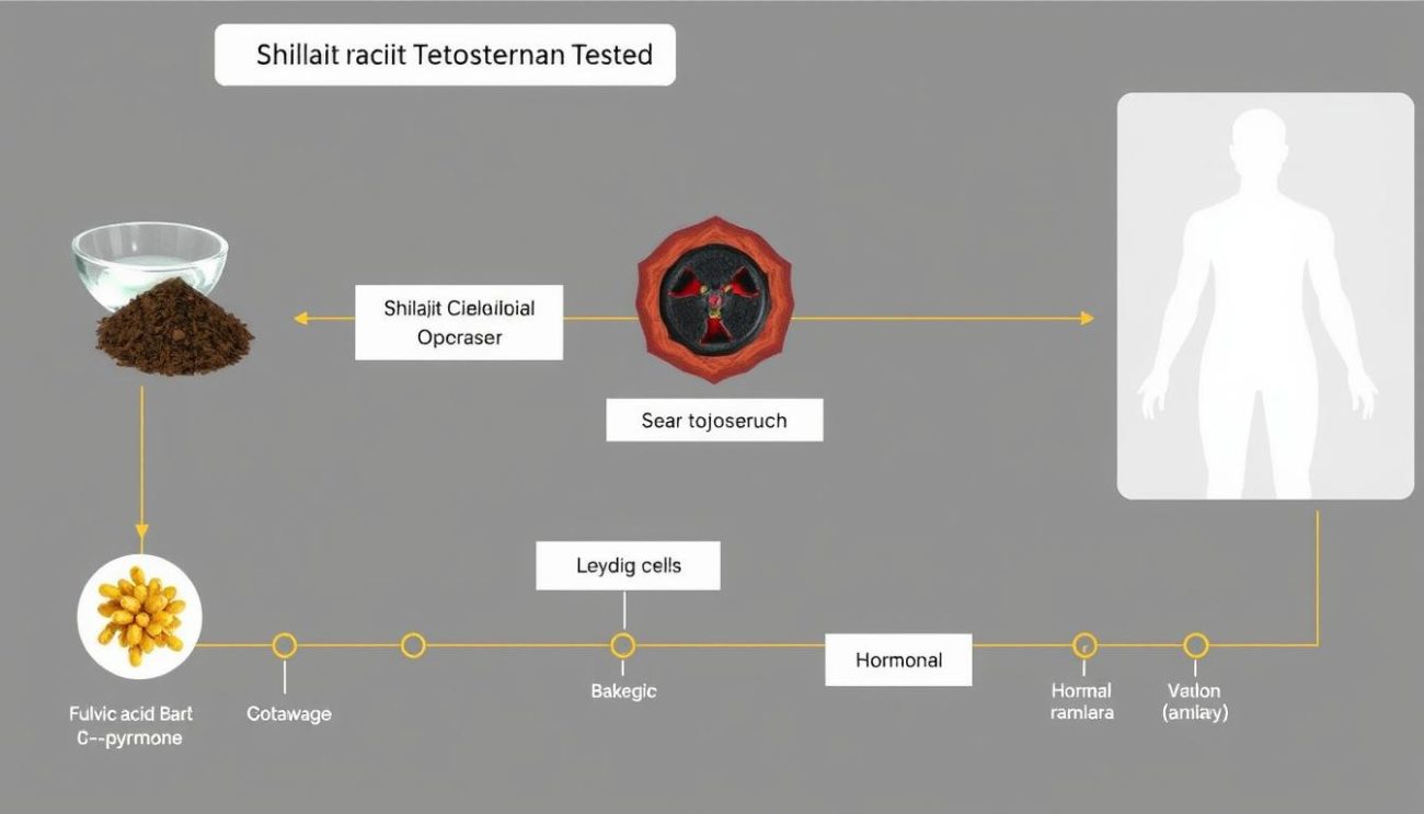 Scientific diagram showing how Shilajit increases testosterone production in the body