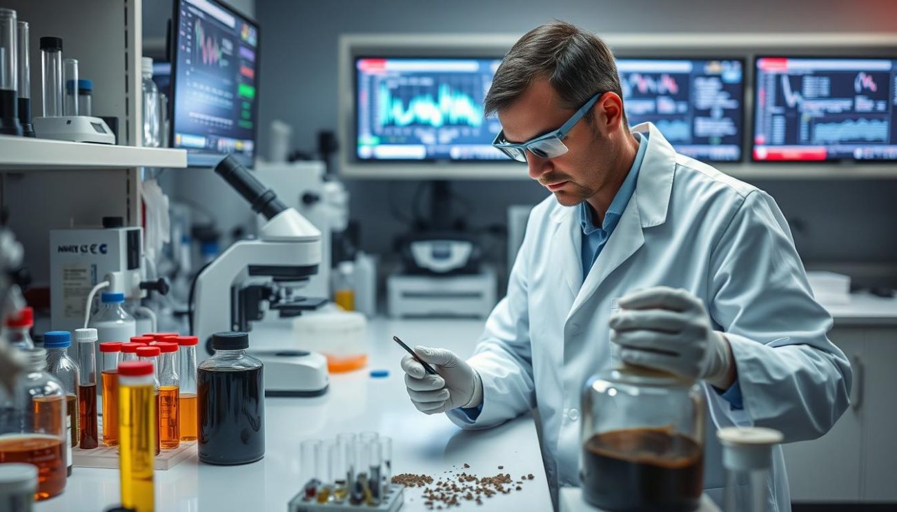 Scientific researcher examining Shilajit for RLS properties in laboratory
