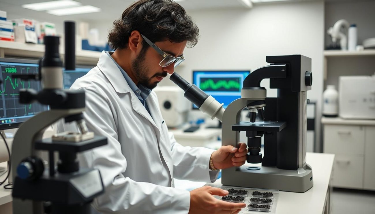 Scientific researcher examining shilajit samples in laboratory