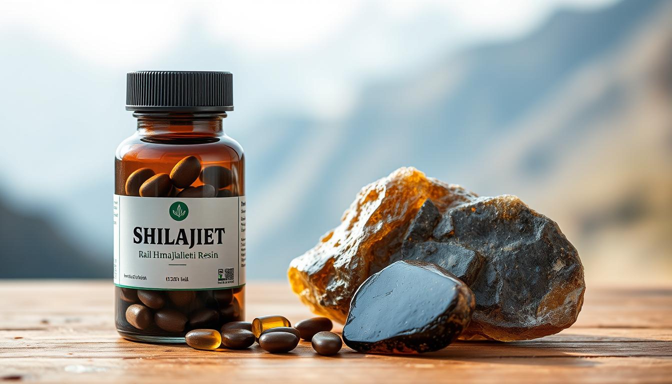 Shilajeet tablets next to raw shilajit resin with Himalayan mountains in background