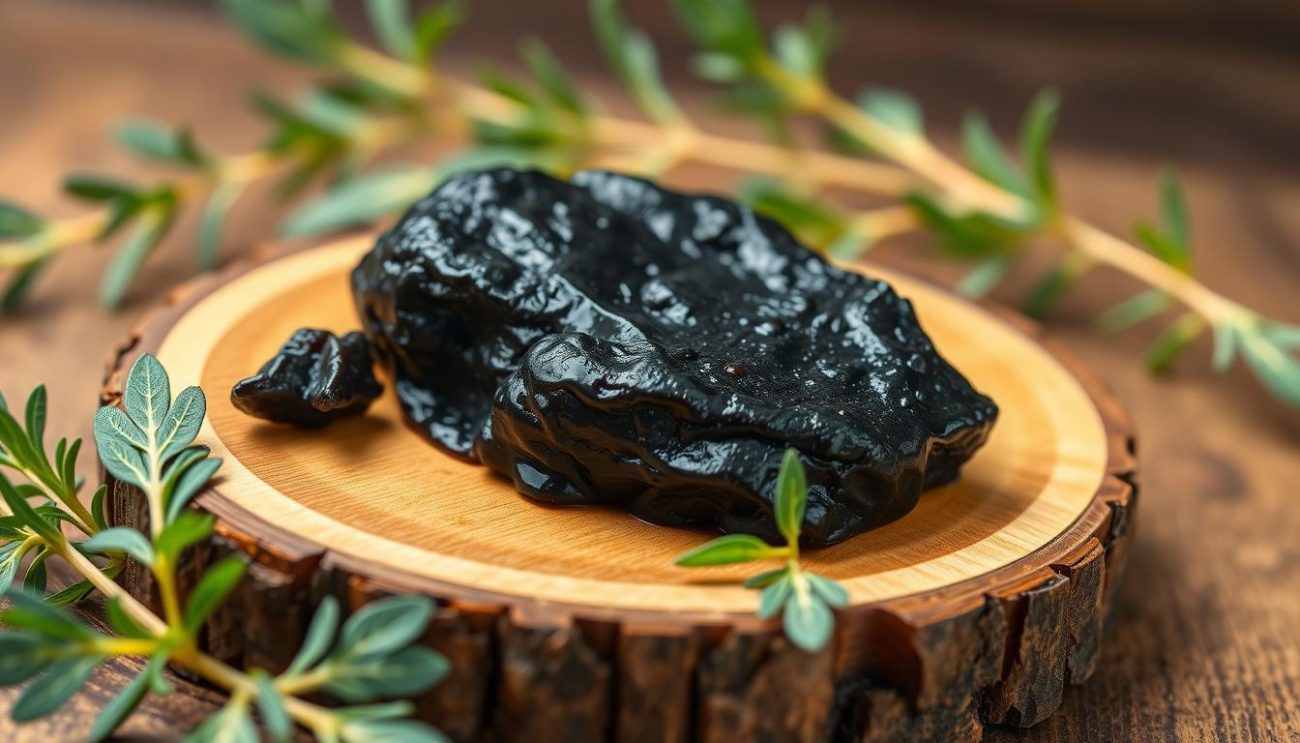 Shilajit adrenal support supplement in its natural resin form on a wooden surface