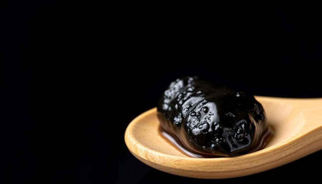Shilajit as a natural sleep aid - pure resin on wooden spoon
