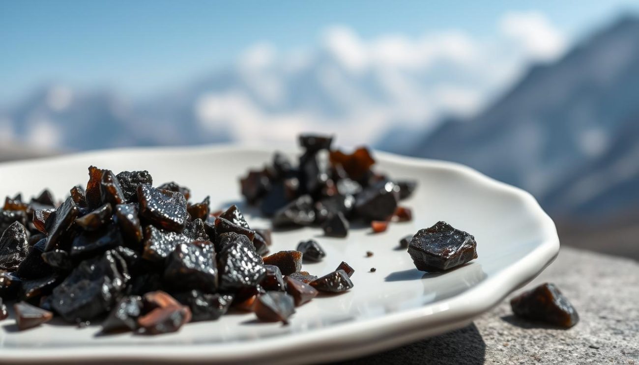 Shilajit as a natural sleeping medication shown as dark resin with Himalayan mountains in background