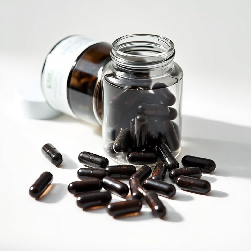 Shilajit capsules in a bottle and scattered on surface