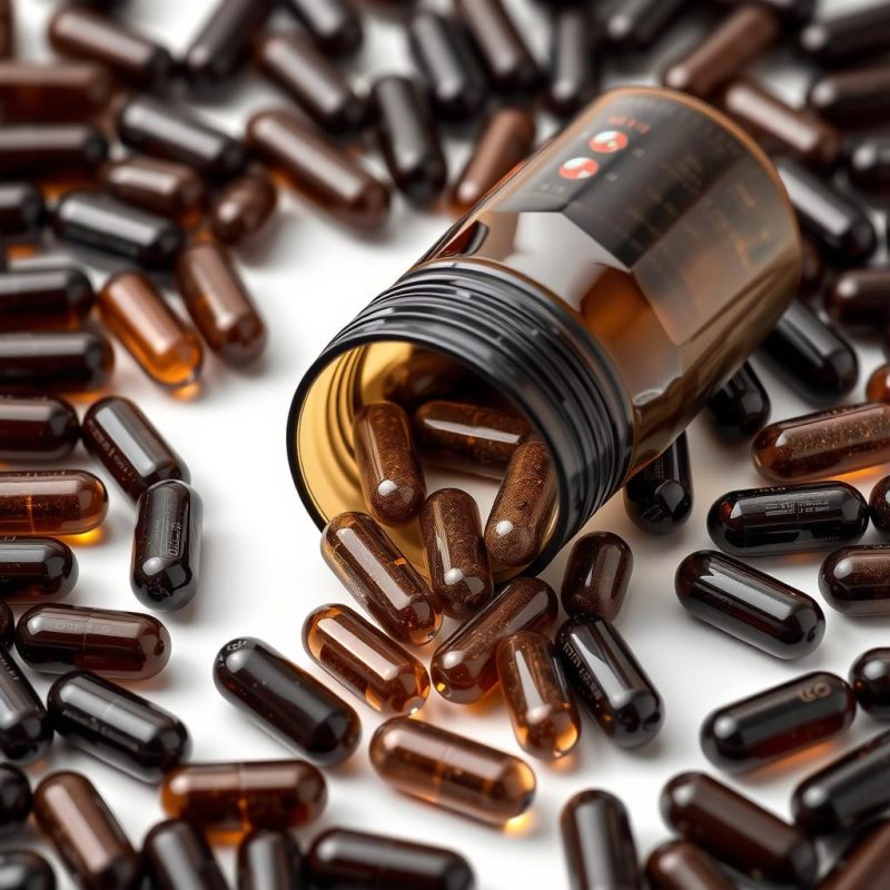 Shilajit capsules in a bottle with some capsules spilled out