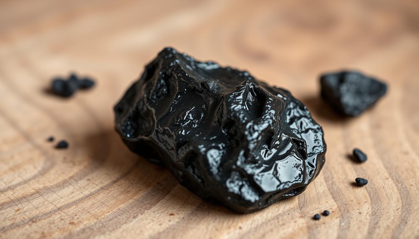 Shilajit energy supplement in its natural resin form on a wooden surface