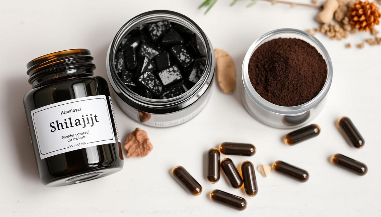 Shilajit energy supplement in various forms - resin, powder, and capsules