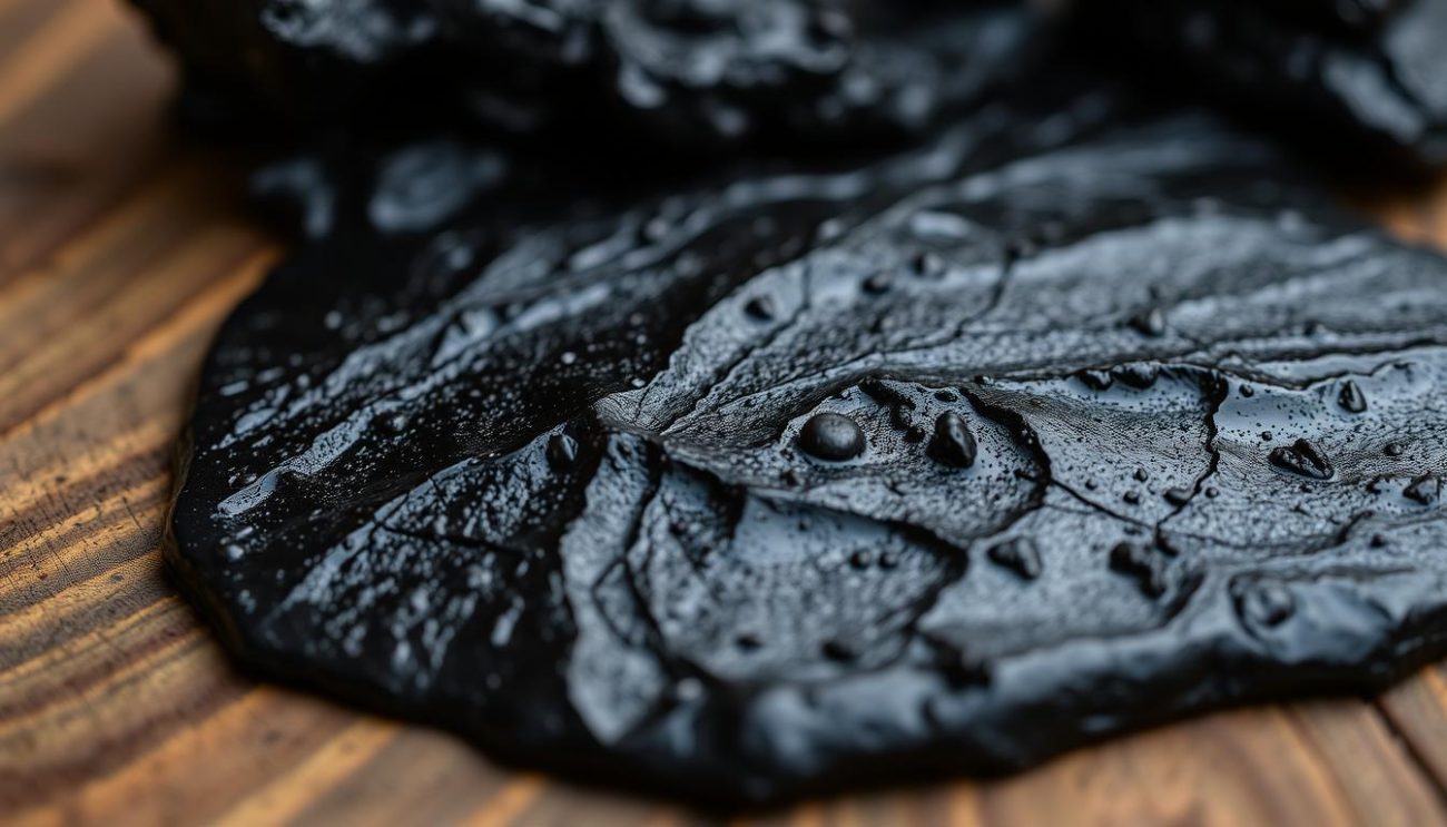 Shilajit for natural stress relief - raw resin on wooden surface