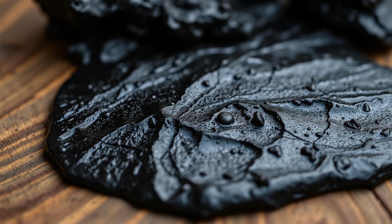 Shilajit for natural stress relief - raw resin on wooden surface