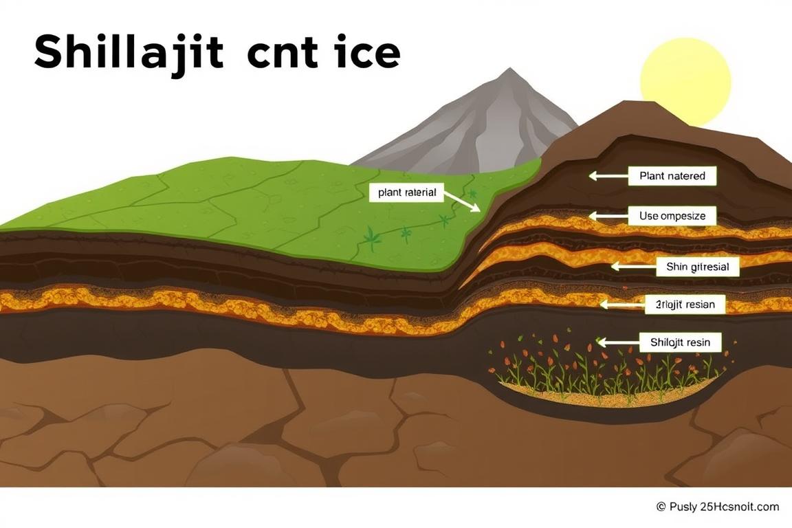 Shilajit formation process in mountain rocks over time
