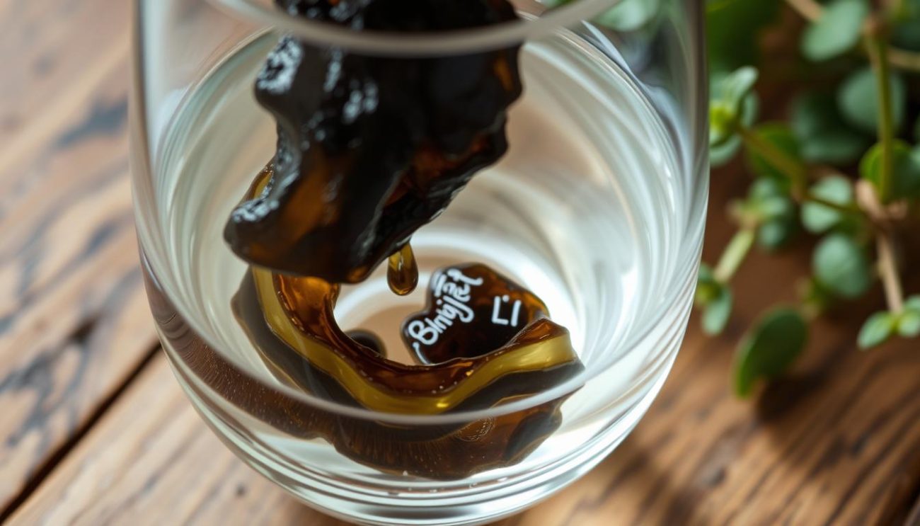 Shilajit resin being dissolved in warm water as a natural remedy for quitting smoking