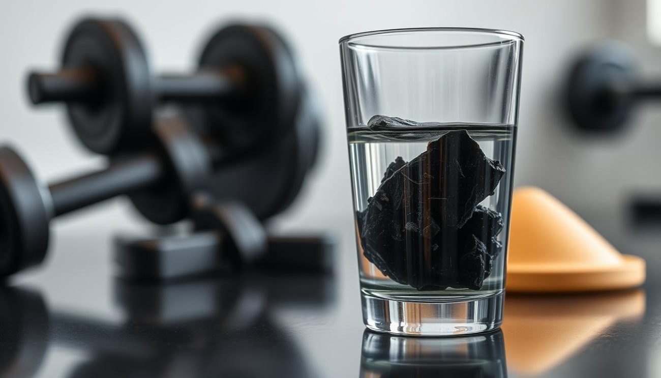 Shilajit resin being dissolved in water for muscle growth supplementation