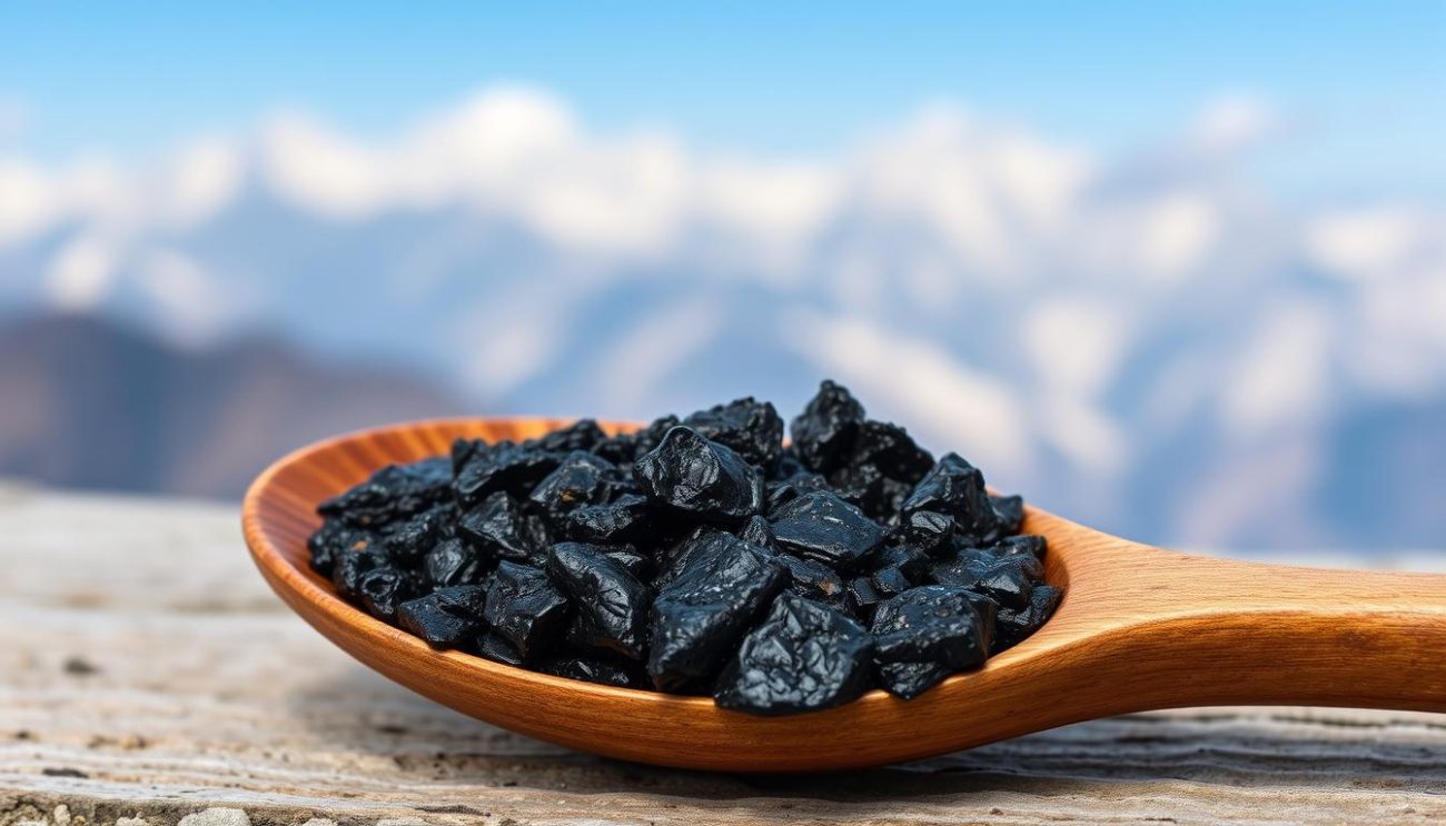 Shilajit resin on a wooden spoon with Himalayan mountains in background