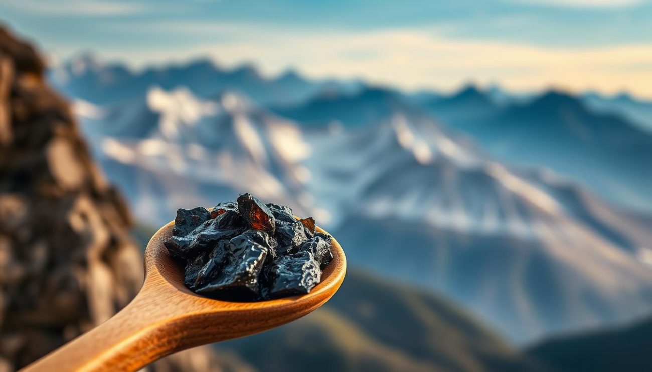 Shilajit resin on a wooden spoon with Himalayan mountains in background