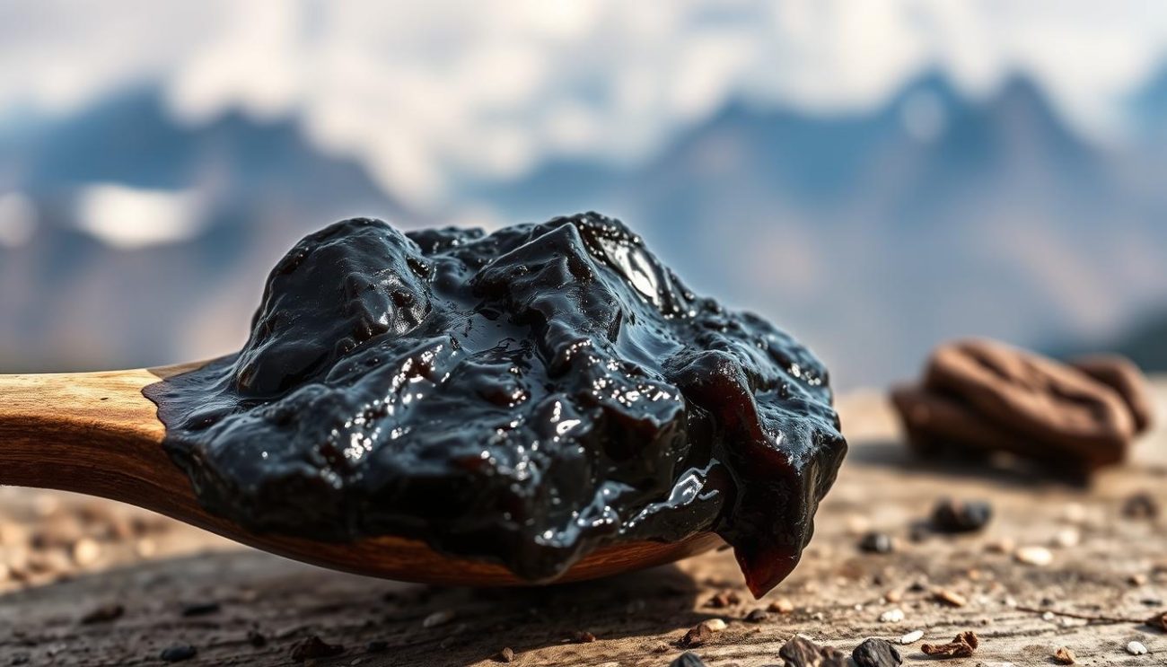 Shilajit resin on a wooden spoon with Himalayan mountains in background