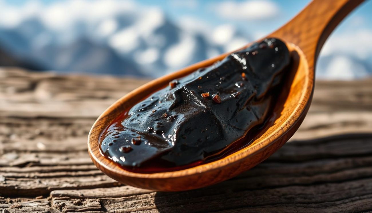 Shilajit resin on a wooden spoon with Himalayan mountains in background, showing the natural source of this remedy for mental fog causes