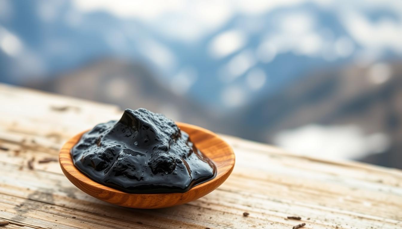 Shilajit resin on a wooden spoon with Himalayan mountains in background
