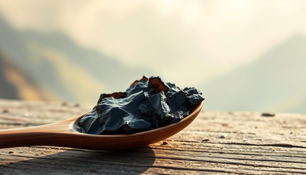 Shilajit resin on a wooden spoon with mountains in background