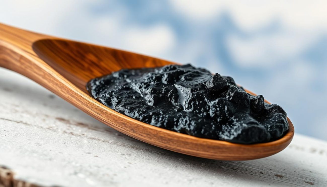 Shilajit resin on a wooden spoon with mountains in background