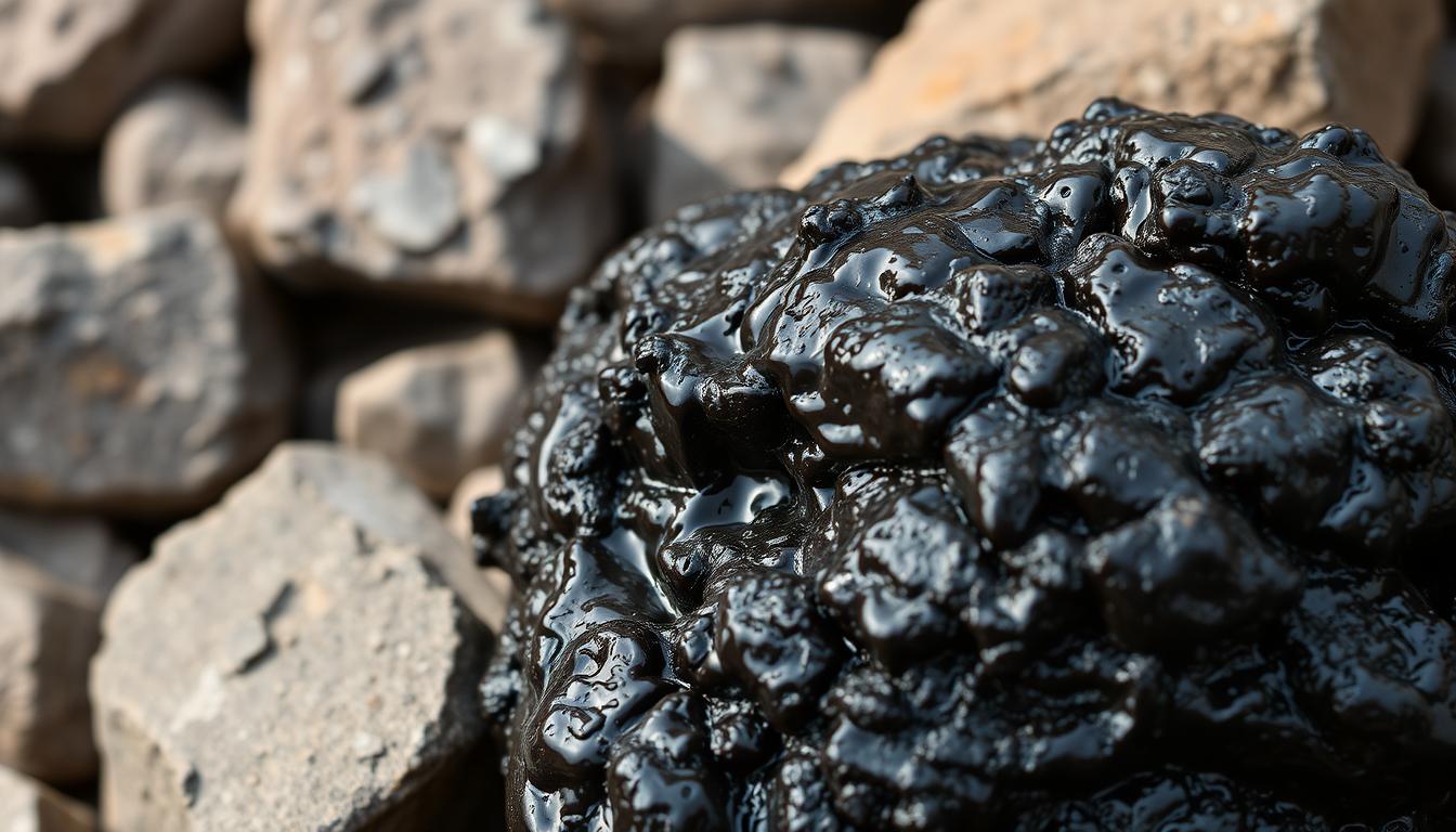 Shilajit resin oozing from Himalayan rocks, showing its natural dark color and sticky texture