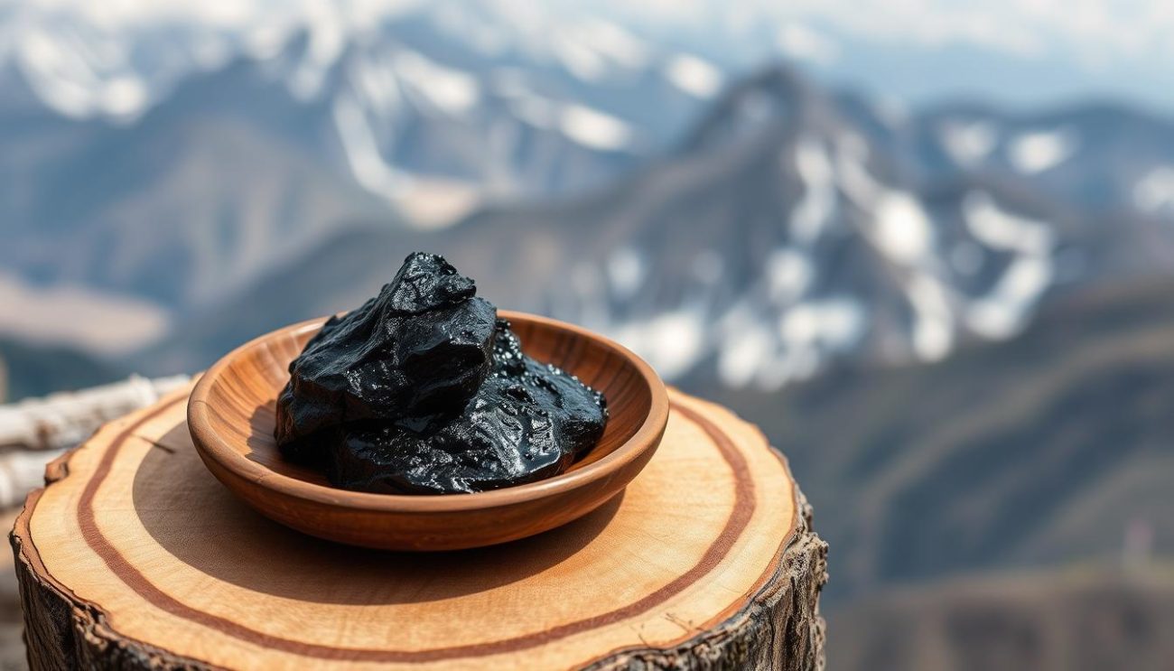 Shilajit testosterone booster for males over 40 shown as a dark resin substance next to mountains