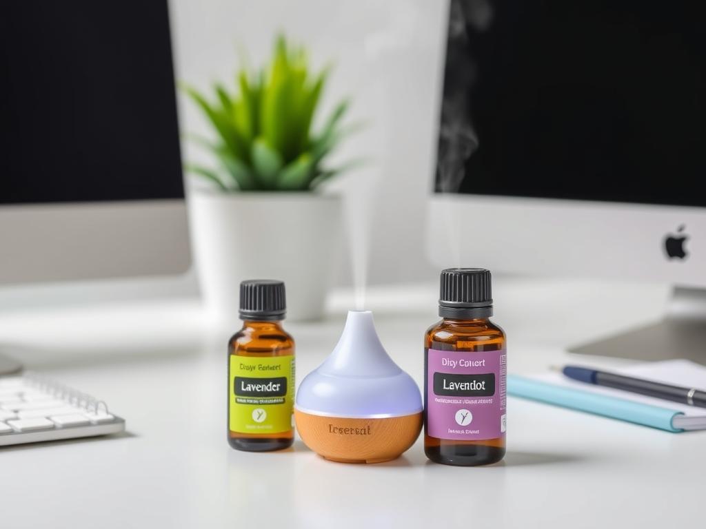 Small personal aromatherapy diffuser and essential oils for workplace anxiety relief