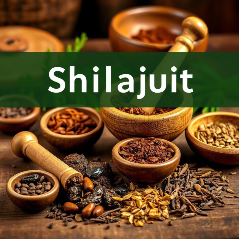 Traditional Ayurvedic medicine preparation with shilajit and herbs