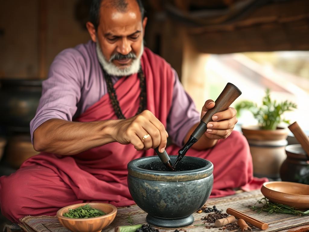 Traditional Ayurvedic practitioner preparing Shilajit as a holistic remedy for depression