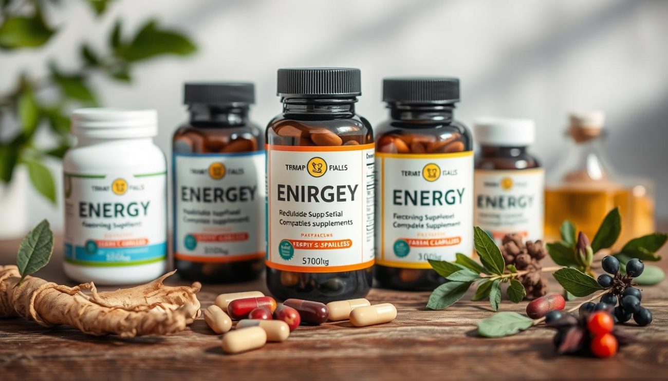 Various energy supplement bottles and capsules arranged on a wooden surface with fresh ingredients like ginseng root and herbs