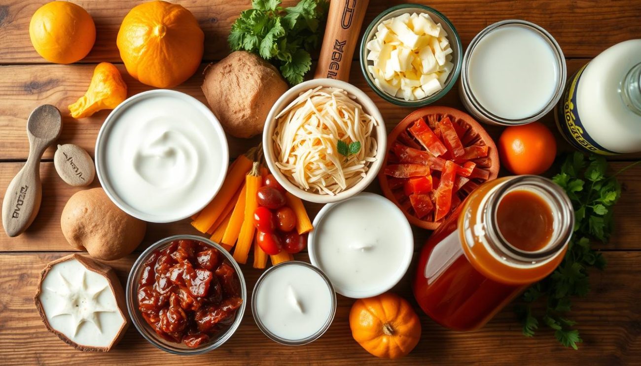 Various fermented foods rich in probiotics including yogurt, kimchi, and kombucha