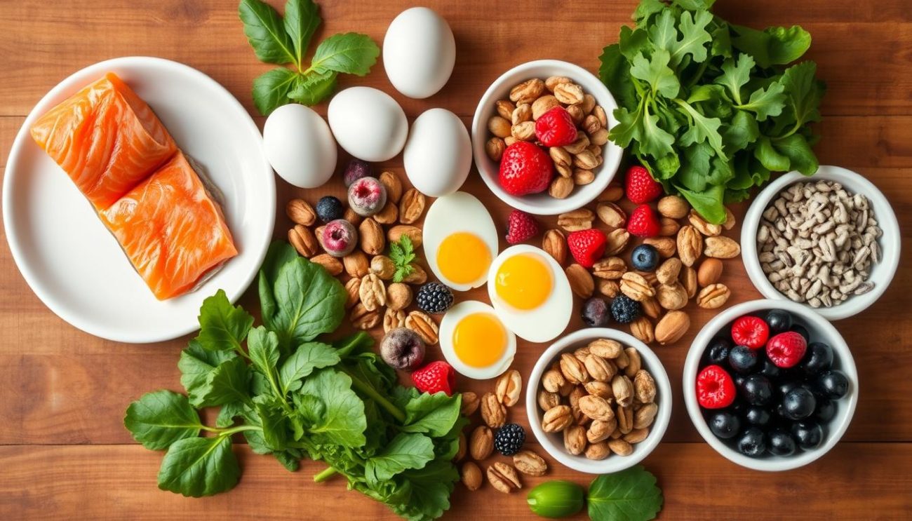 Various foods rich in vitamins for brain health arranged on a wooden table