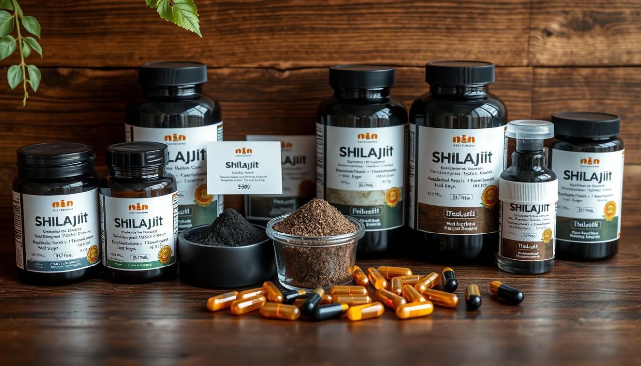 Various forms of shilajit including resin, powder, and capsules with price tags showing different costs