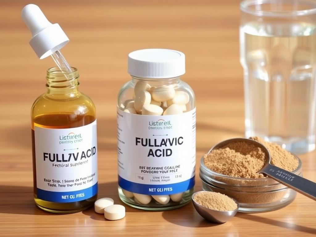 Various fulvic acid supplement forms including liquid drops, capsules, and powder with measuring tools showing proper dosage for testosterone support