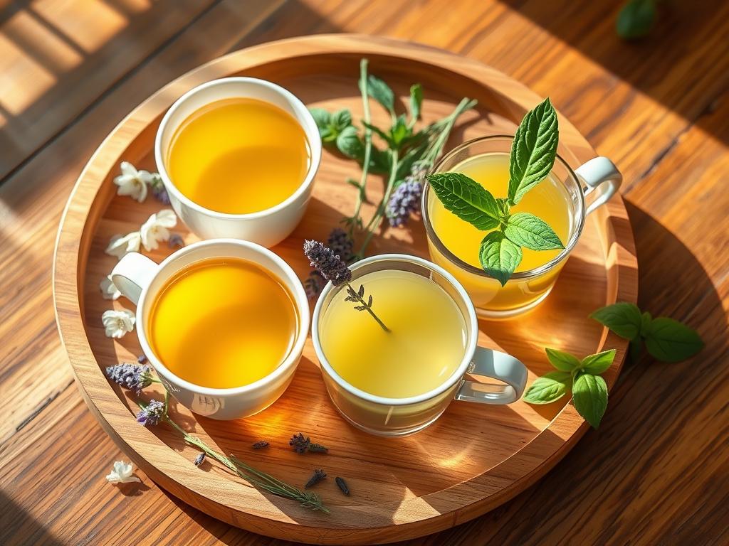Various herbal teas for anxiety relief including chamomile, lavender, and lemon balm