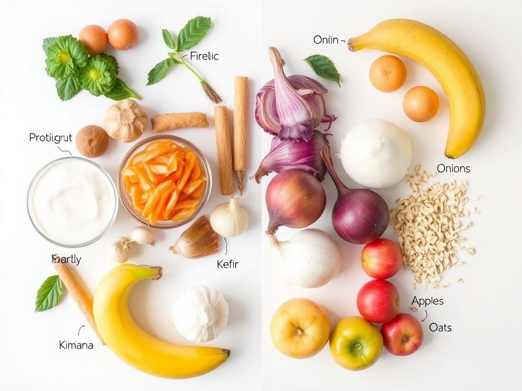 Various probiotic and prebiotic food sources arranged side by side