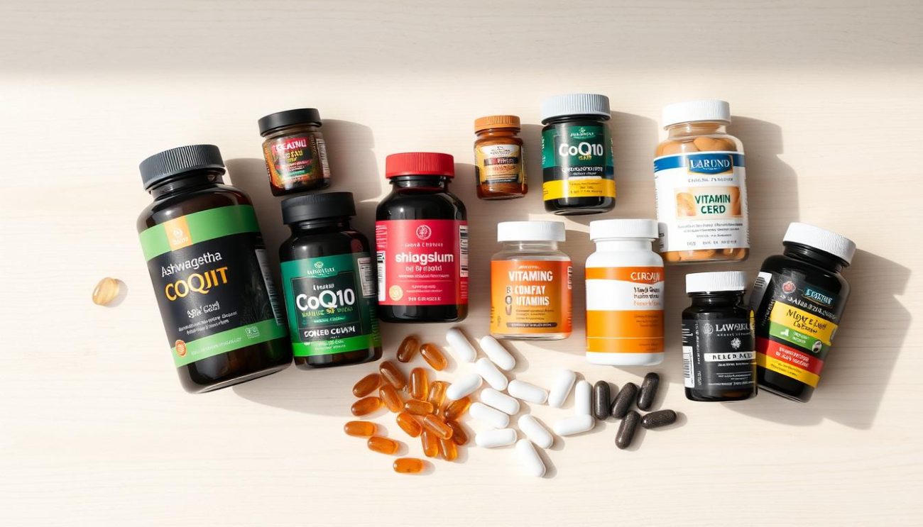 Various supplements that pair well with shilajit arranged together