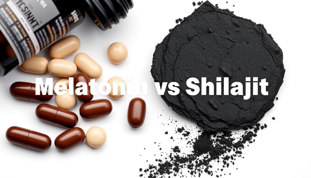 Visual comparison of melatonin supplement pills and dark Shilajit resin with the text 'Melatonin vs Shilajit'