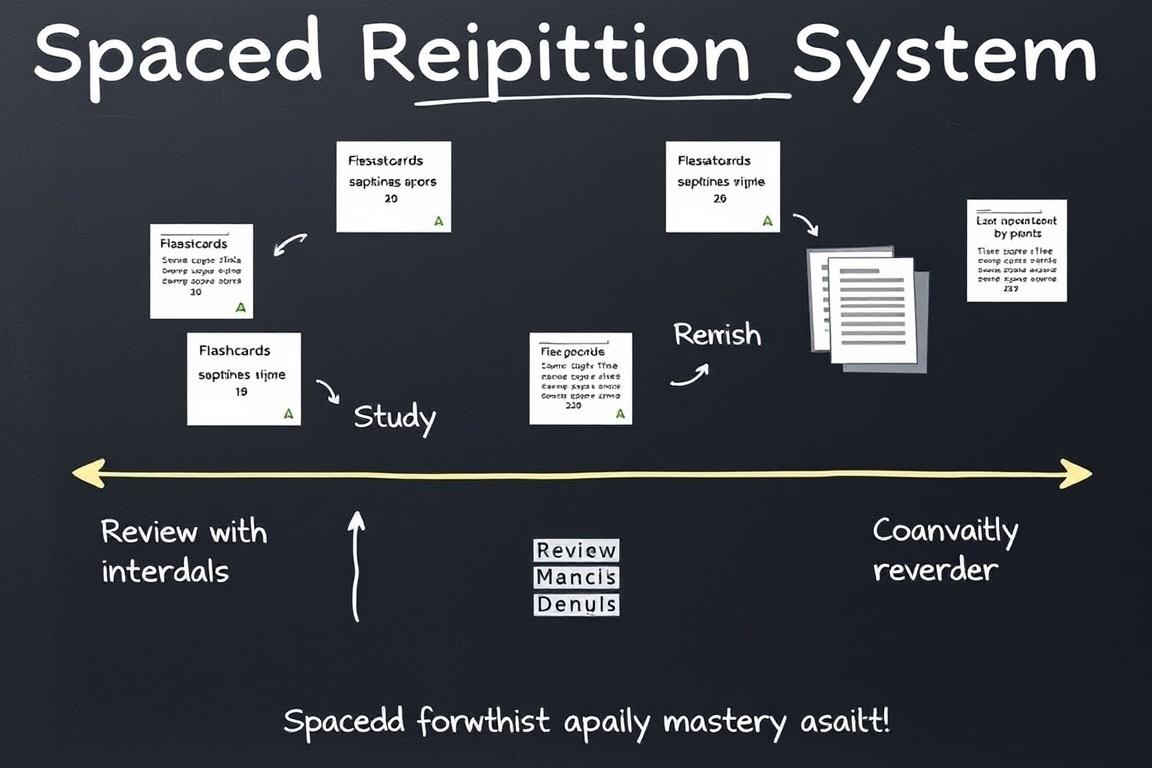 Visual representation of spaced repetition system with flashcards arranged in time intervals