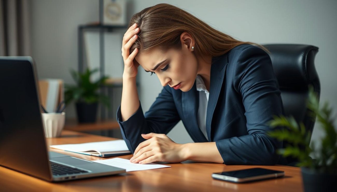 Woman experiencing fatigue at desk with head in hands showing symptoms of tiredness